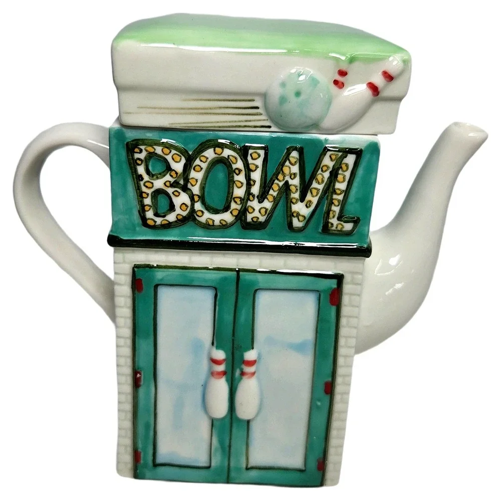 Retro Bowl Salad Bowling Novelty Teapot Hand Painted Ceramic Whimsigoth Tea‎ Pot